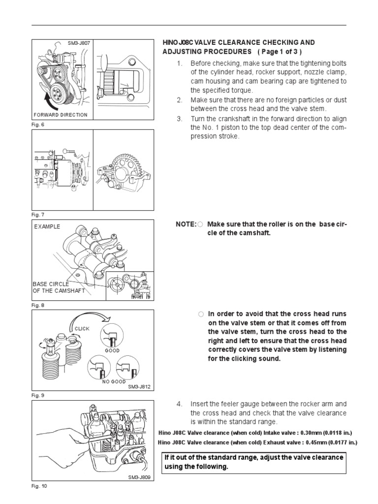 Hino J08C Engine Valve Adjustment Procedure, Valve Lash Clearance