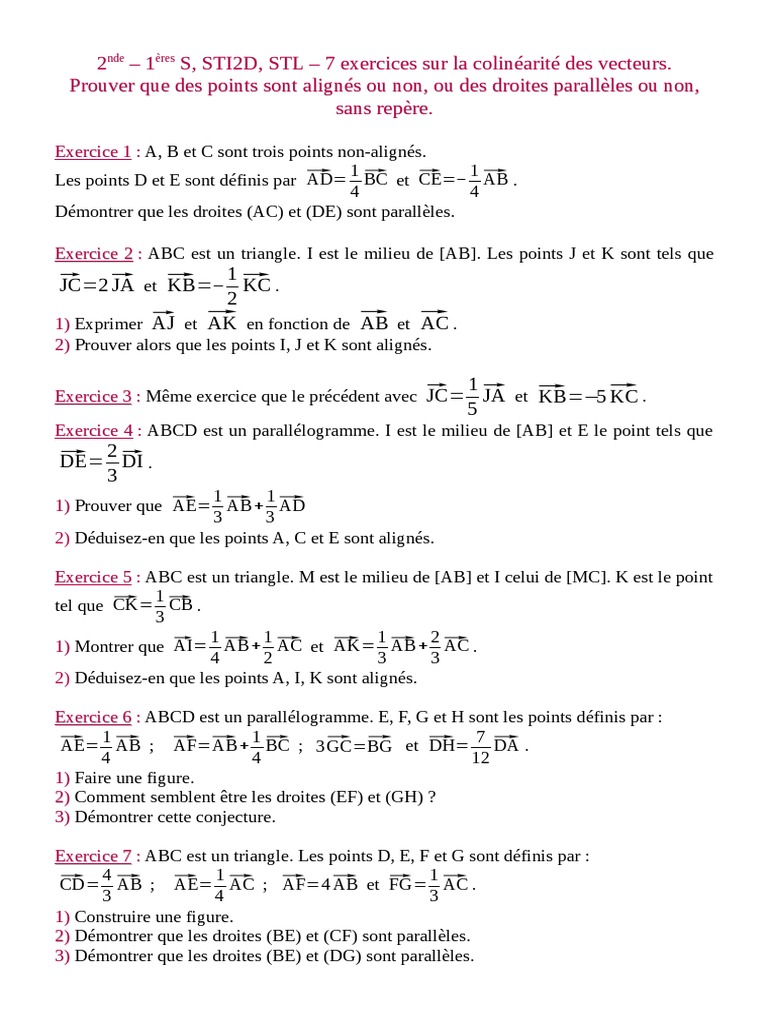 Comment Demontrer Que 3 Points Sont Alignes Vecteurs 7 Exercices Vecteurs Colineaires Demontrer Parallelisme Alignement Sans  Repere | PDF | Droite (mathématiques) | Formes géométriques