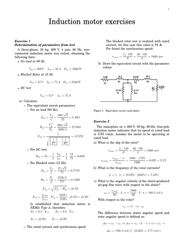 Induction Motor Exercises PDF Electric Motor Electrical Equipment