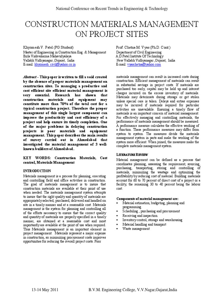 Construction Materials Management on Project Sites Specification