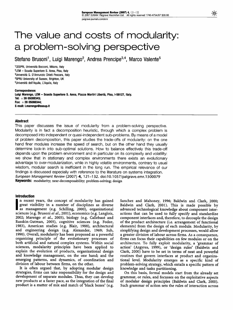 The Value and Costs of Modularity: A Problem-Solving Perspective | PDF ...