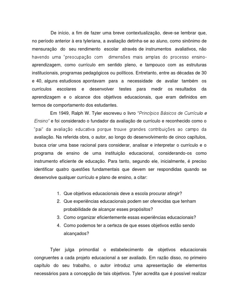 A influência de Ralph W. Tyler na avaliação educacional: os princípios ...
