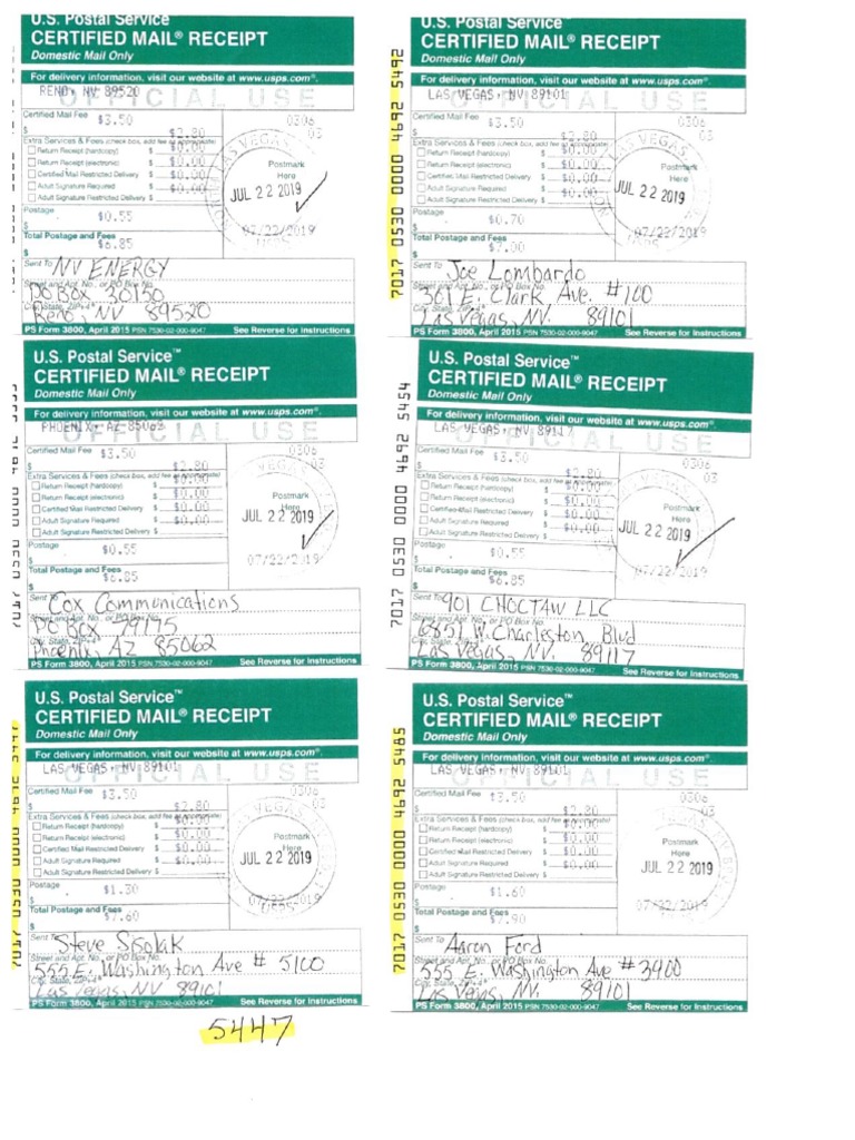 USPS 6 Return Receipts Certified