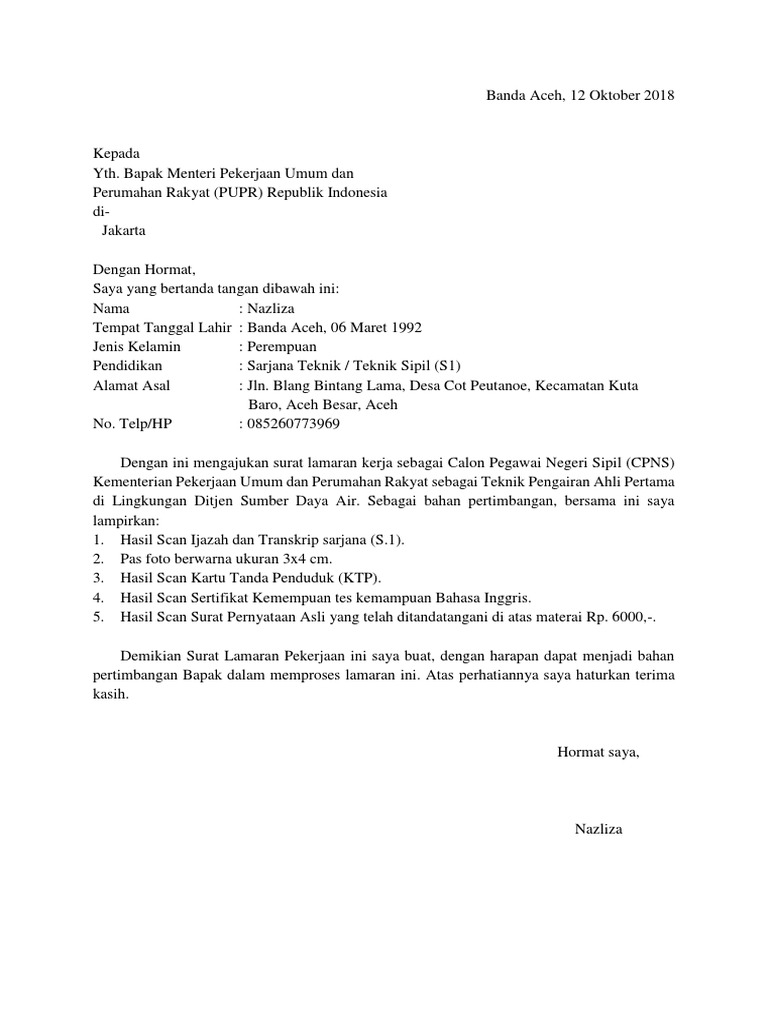 Surat Lamaran Cpns Pupr 2018