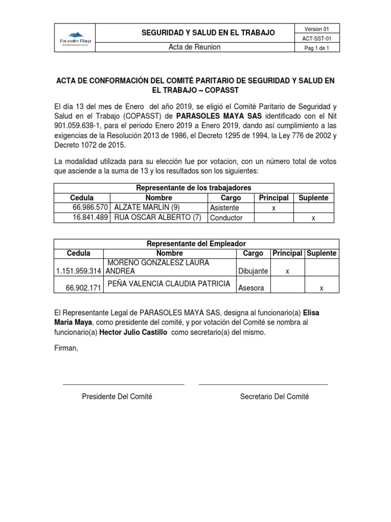 Acta de Conformación COPASST 2019 | PDF