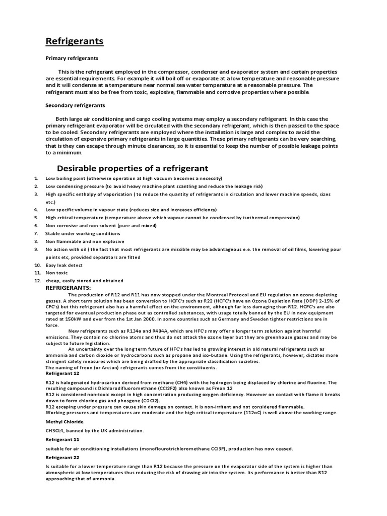 Refrigerants Desirable Properties of A Refrigerant PDF