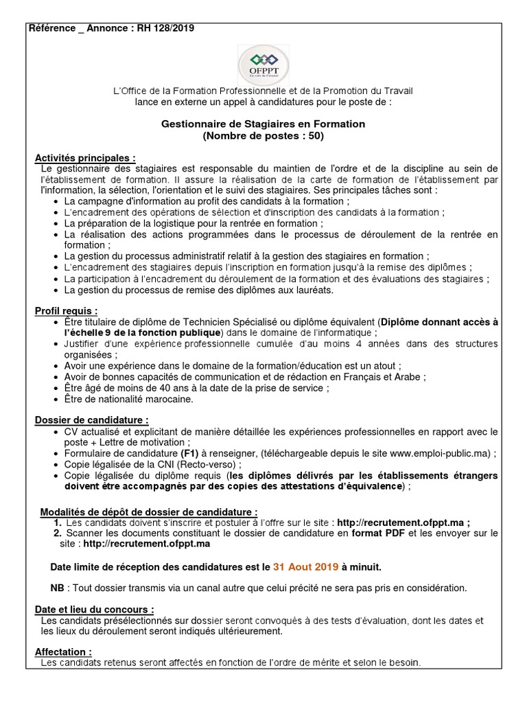 Gestionnaire De Stagiaires En Formation Nombre De Postes 50 Gestion Des Ressources Humaines Affaires
