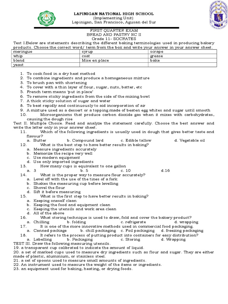 Bread and Pastry NC II First Quarter Exam PDF Baking Chocolate