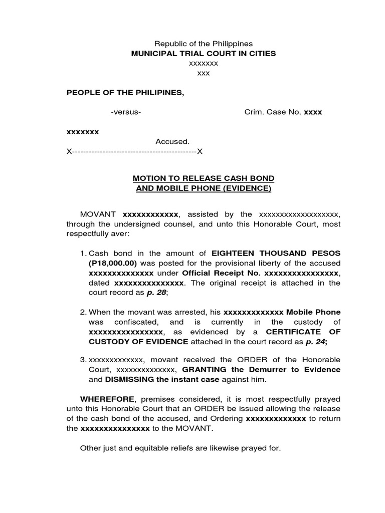 Motion To Release Cash Bond and Evidence PDF