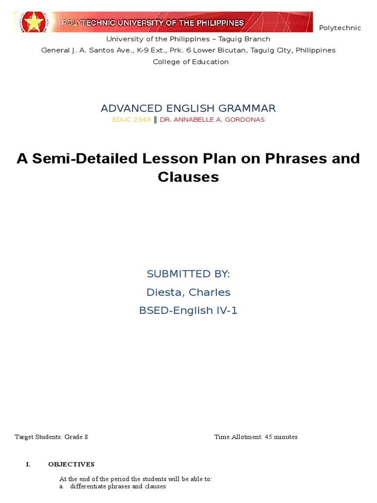 Lesson Plan: Phrases and Clauses | PDF | Phrase | Verb