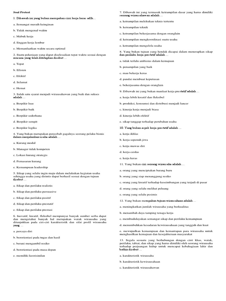Soal Pretest Produk Kreatif Dan Kwu