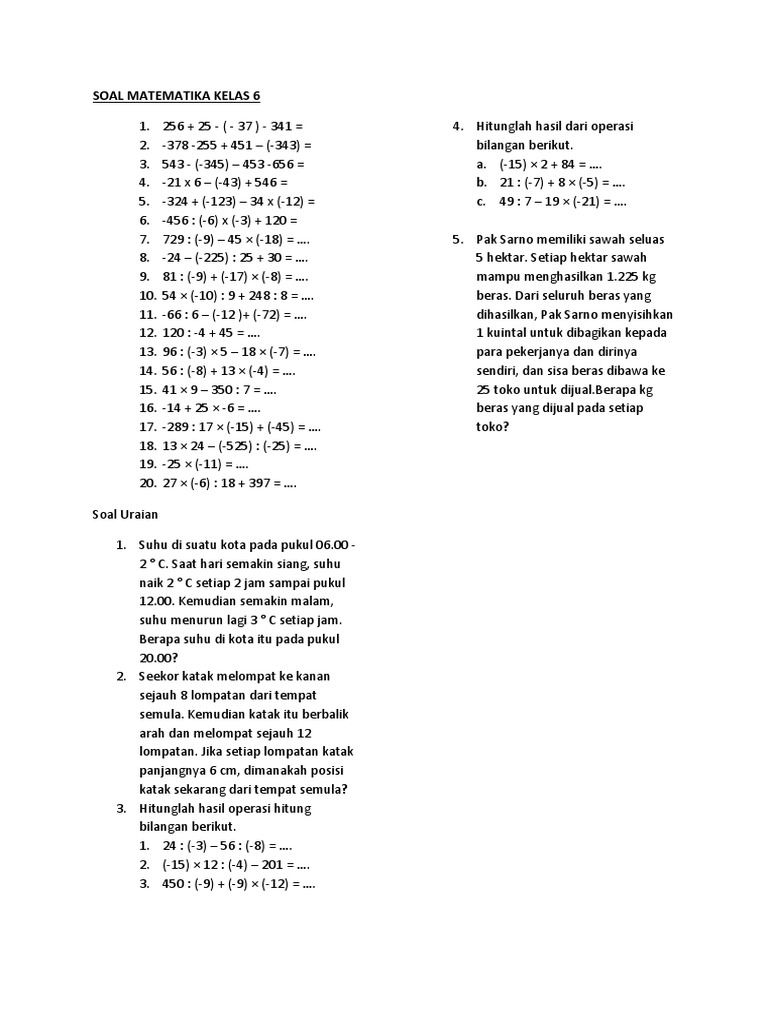Soal Matematika Kelas 6