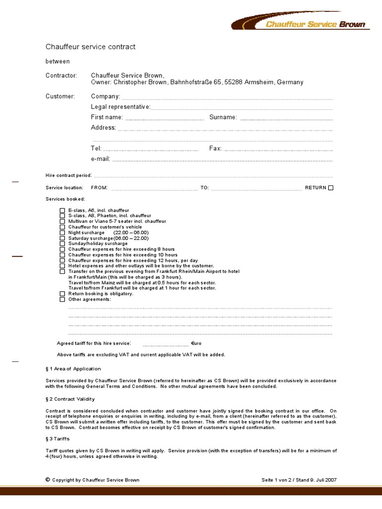 Chauffeur Service Contract PDF Liability Insurance Receipt