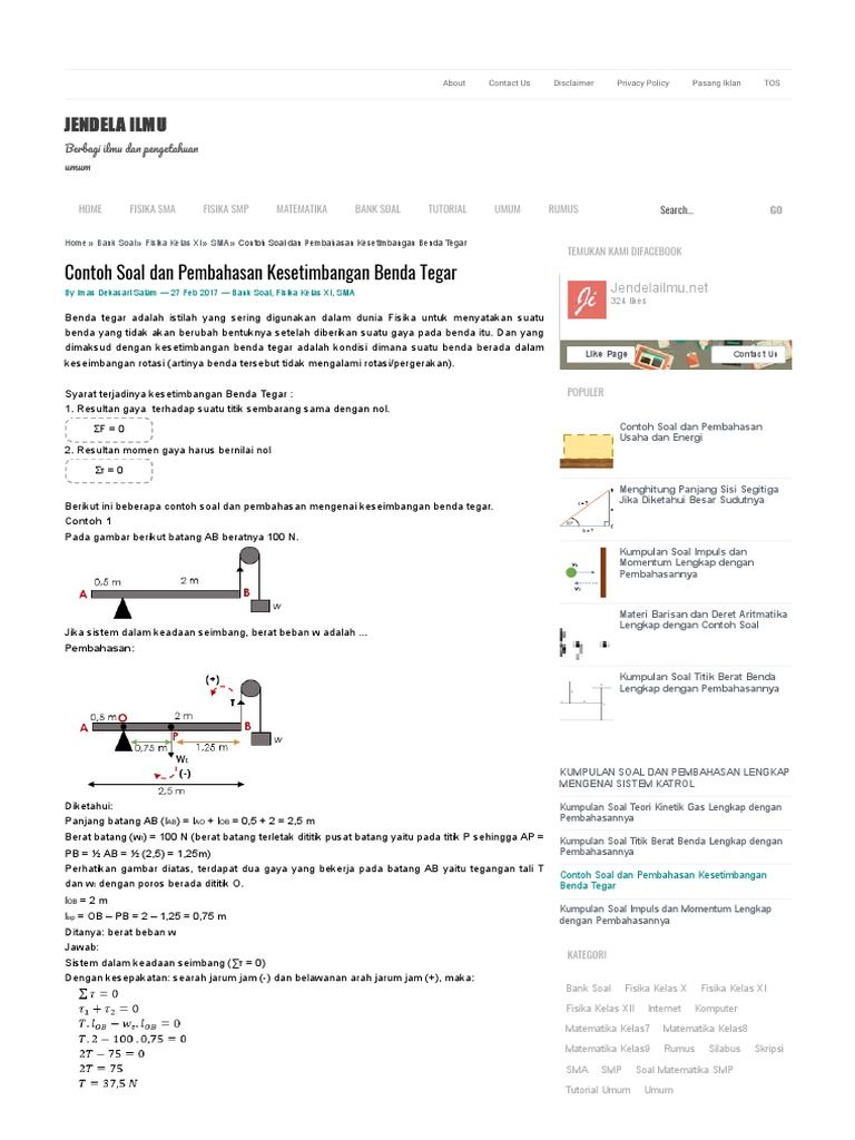 Contoh Soal Dan Pembahasan Kesetimbangan Benda Tegar Jendela Ilmu