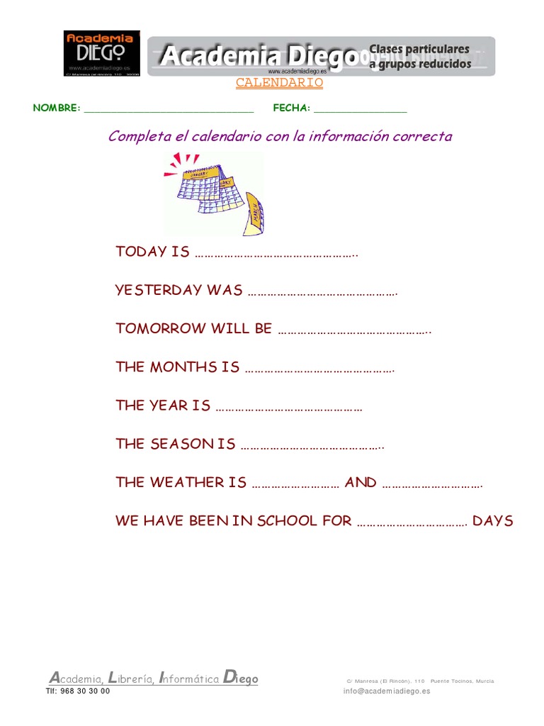 Calendar Completion Worksheet | PDF | Teaching Methods & Materials ...