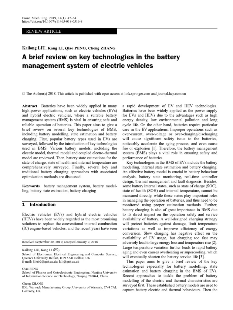 A Brief Review On Key Technologies in The Battery Management System of ...