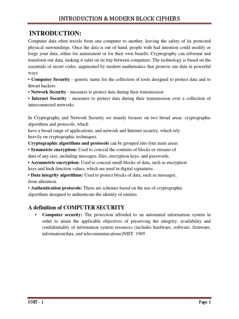 UNIT-I (Modern and Block Cipher) | PDF | Cryptanalysis | Cryptography