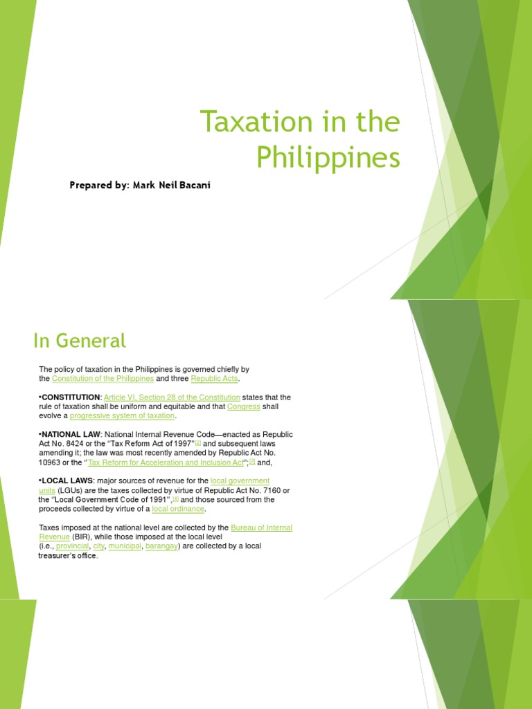 Taxation in The Philippines Prepared By Mark Neil Bacani PDF
