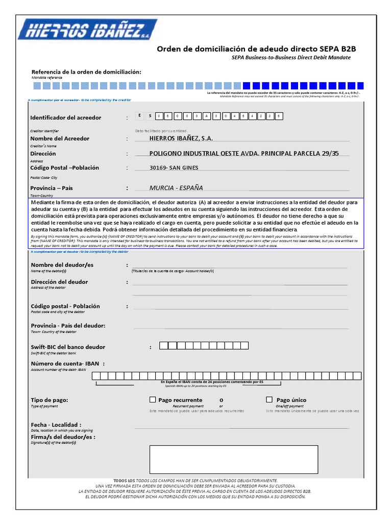 Orden de Domiciliación SEPA B2B | PDF | Bancario | Bancarrota