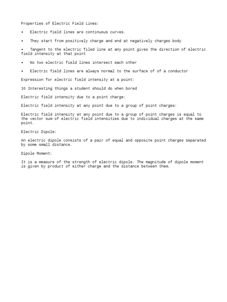 Properties Of Electric Field Lines Pdf Electric Field Dipole