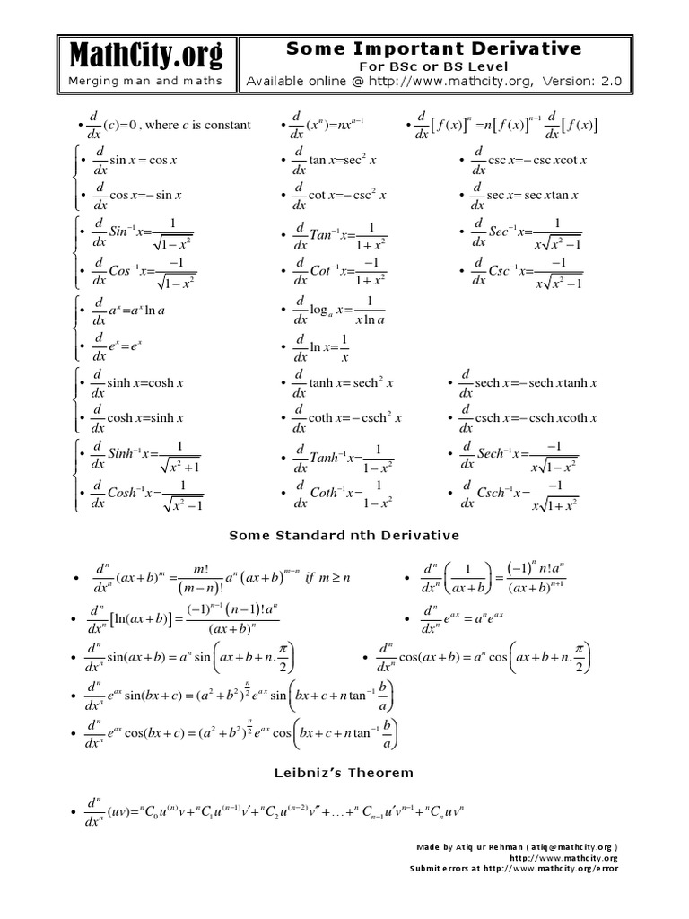 Essential Derivatives for BSc Students | PDF | Mathematical Objects ...