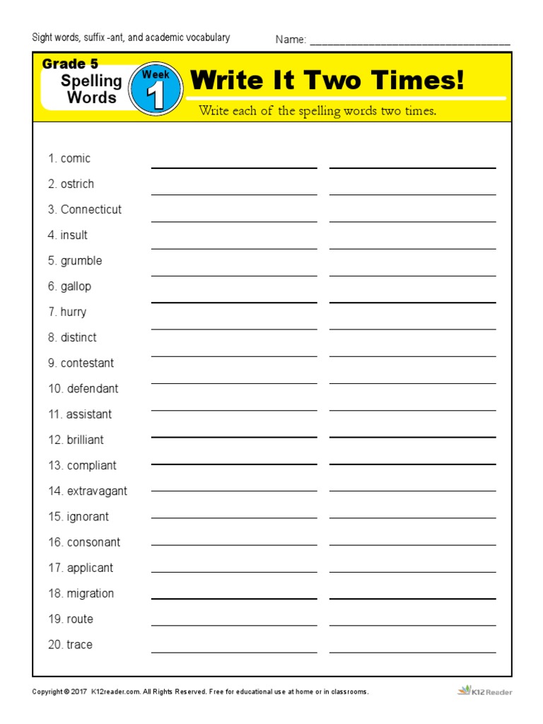 5th Grade Spelling Words Week 01 | PDF | Languages | Language Arts ...