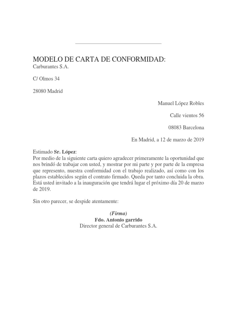 Modelo de Carta de Conformidad | PDF