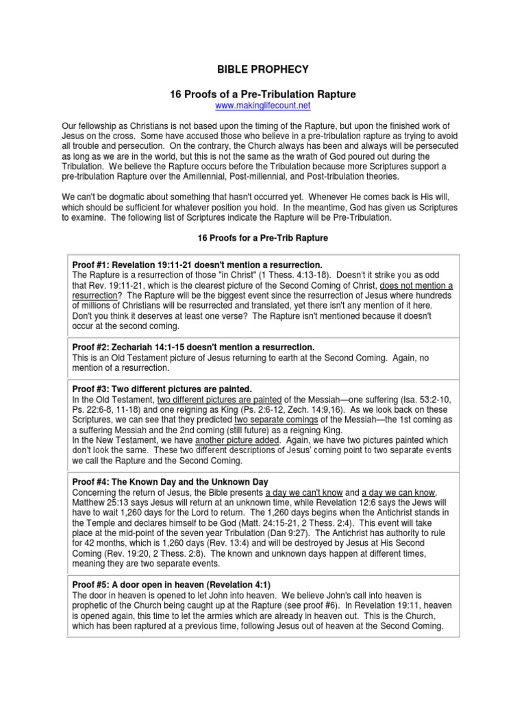 16 Proofs for Pre-Tribulation Rapture | PDF | Rapture | Great Tribulation