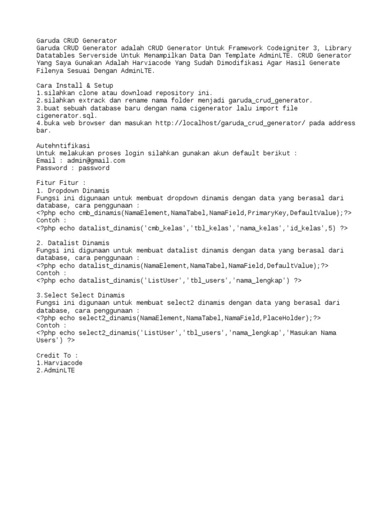 Garuda CRUD Generator untuk CodeIgniter 3 | PDF | Komputer