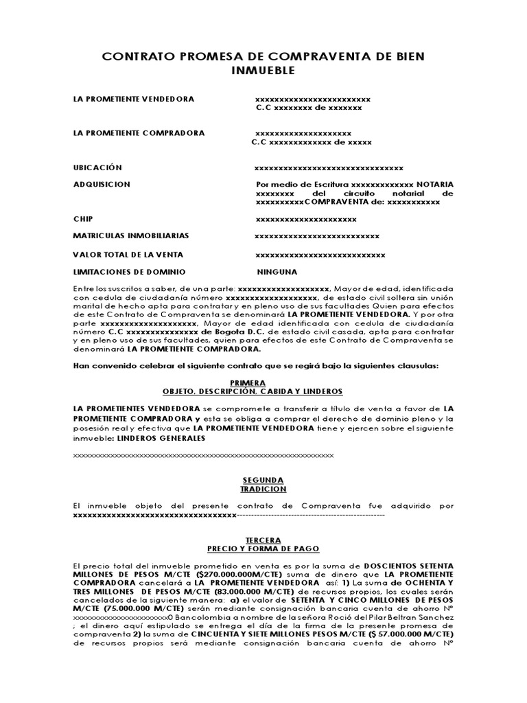 Contrato Promesa de Compraventa de Bien Inmueble $270.000.000 | PDF ...