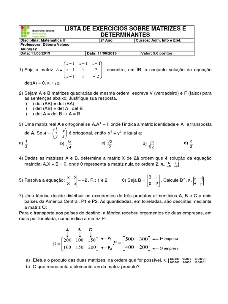 Lista de exercícios sobre matrizes e determinantes | PDF | Matriz ...