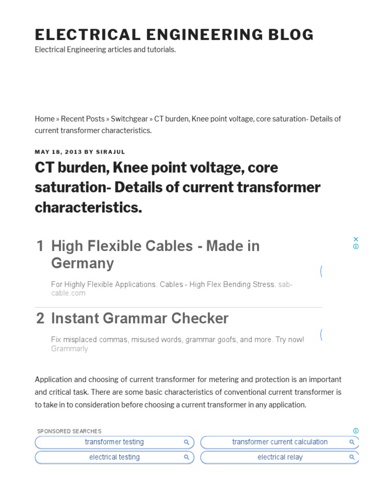 CT Burden, Knee Point Voltage, Core Saturation Details of Current Transformer Characteristics