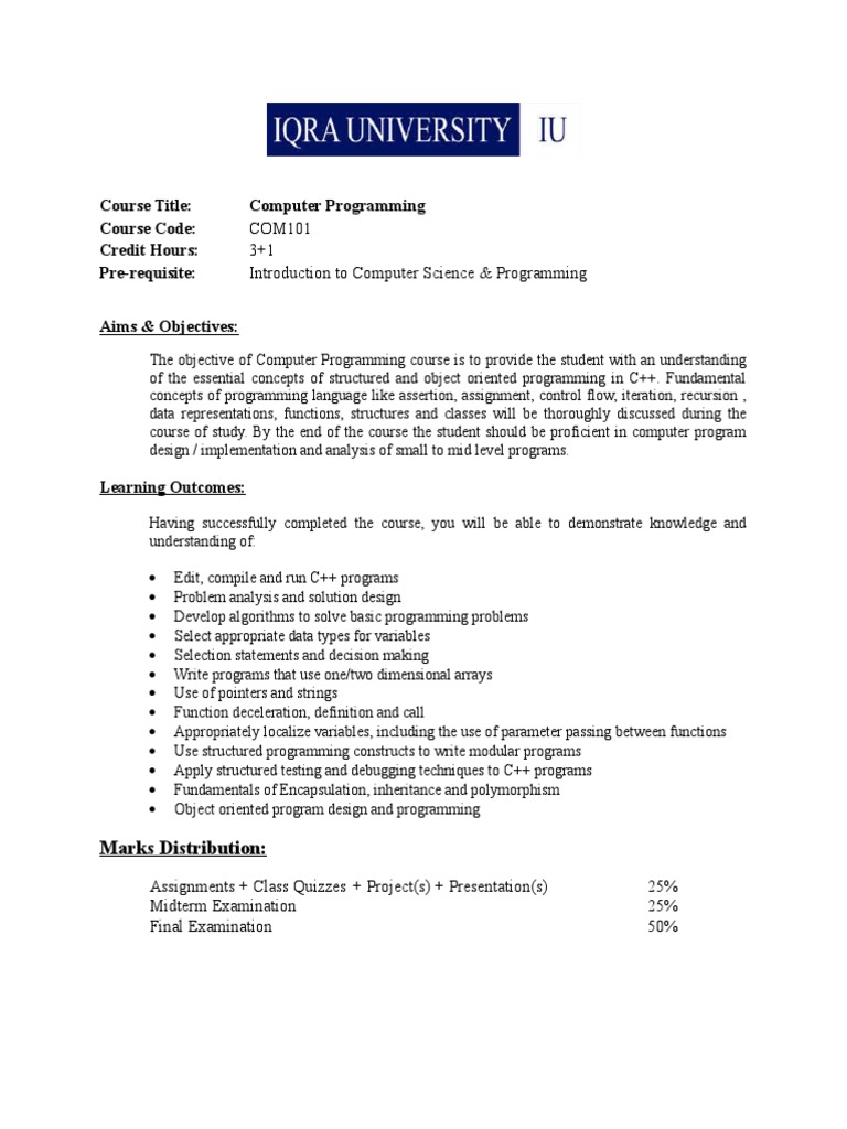 COM101 3+1 Introduction To Computer Science & Programming | PDF | C++ ...