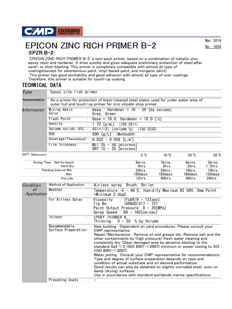 Technical Product Data Sheet for EPICON ZINC RICH PRIMER B2 TwoPack