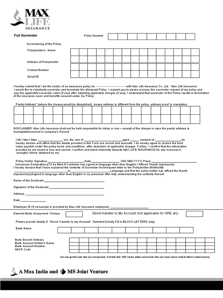 Surrender Form Pdf Cheque Life Insurance