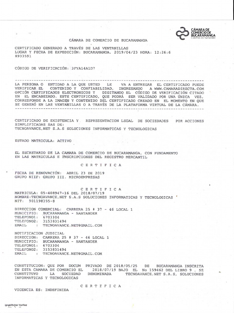 Certificado Camara de Comercio | PDF | Business