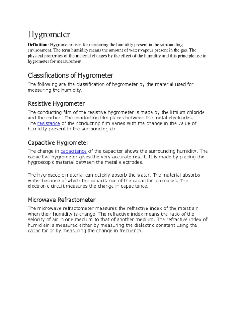 Classifications of Hygrometer PDF