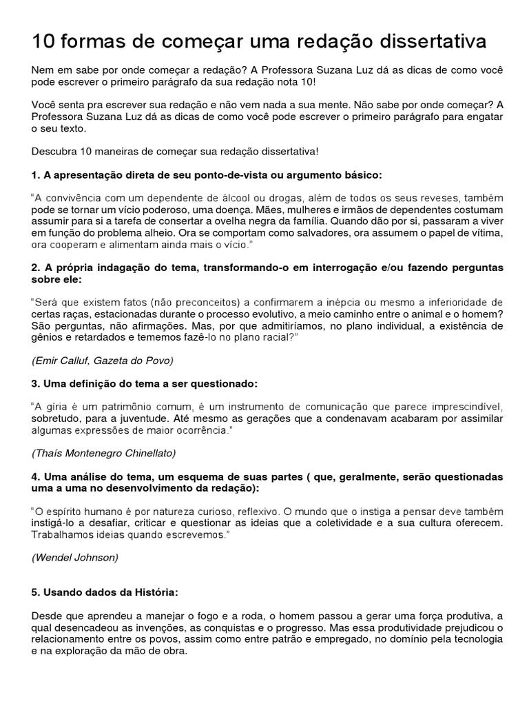 10 Formas de Começar Uma Redação Dissertativa | PDF | Humano | Caça