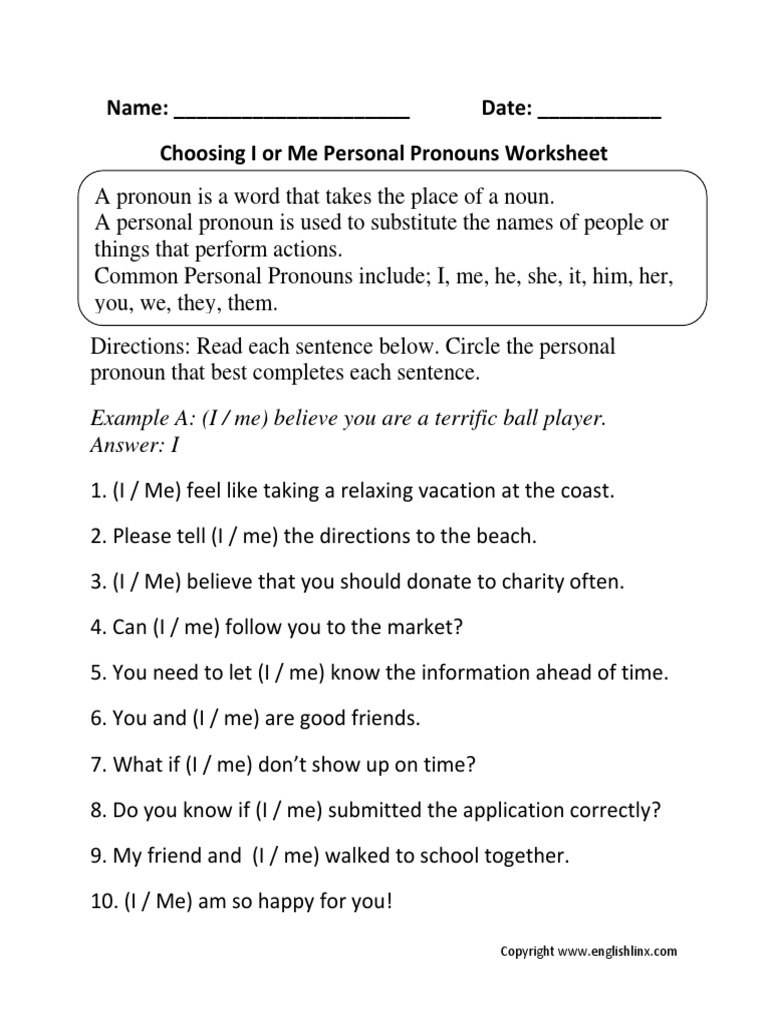 Choosing I or Me P Pronouns Worksheet  PDF With I Vs Me Worksheet