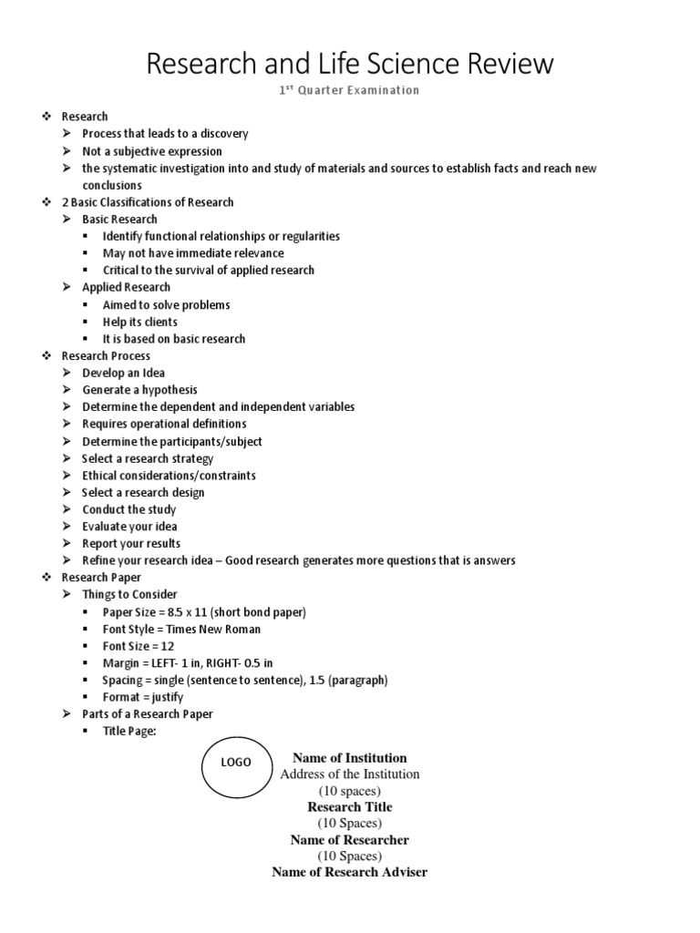 Research and Life Science Review 1st Quarter Exams PDF Scientific