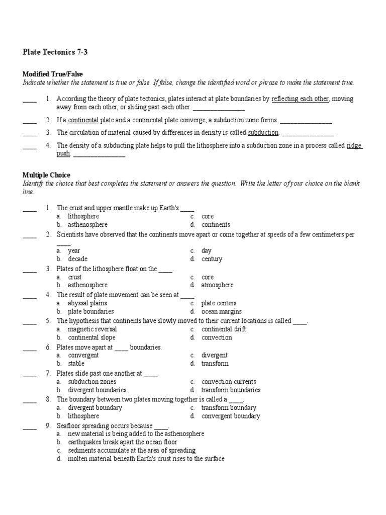 Understanding Plate Tectonics Through Modified True/False Statements
