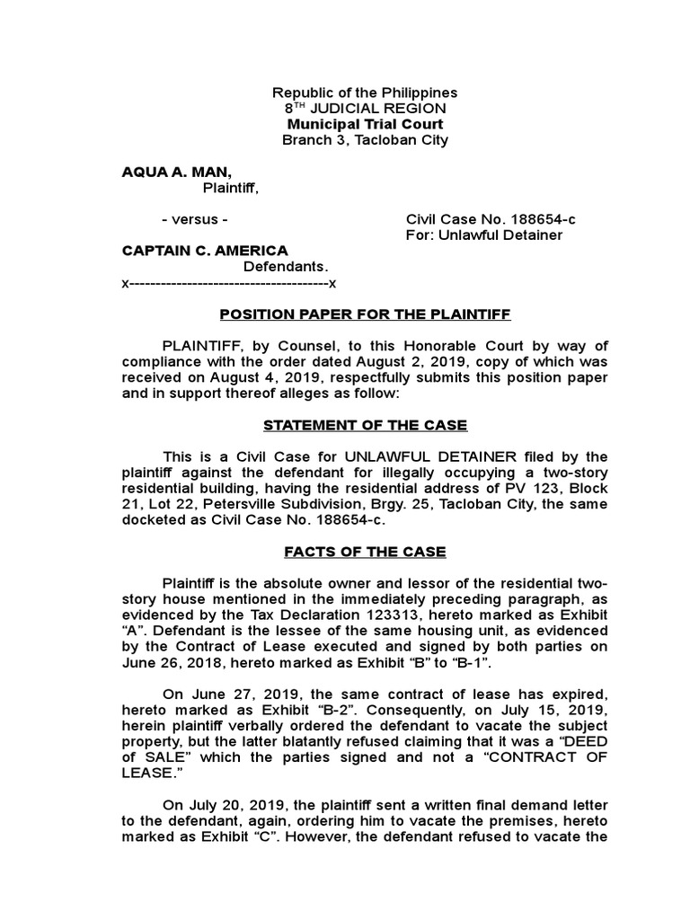 Position-Paper Plaintiff | PDF | Lease | Lawsuit