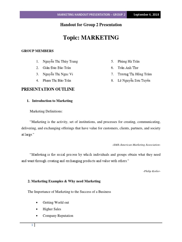 Topic: Marketing: Handout For Group 2 Presentation | PDF | Retail ...