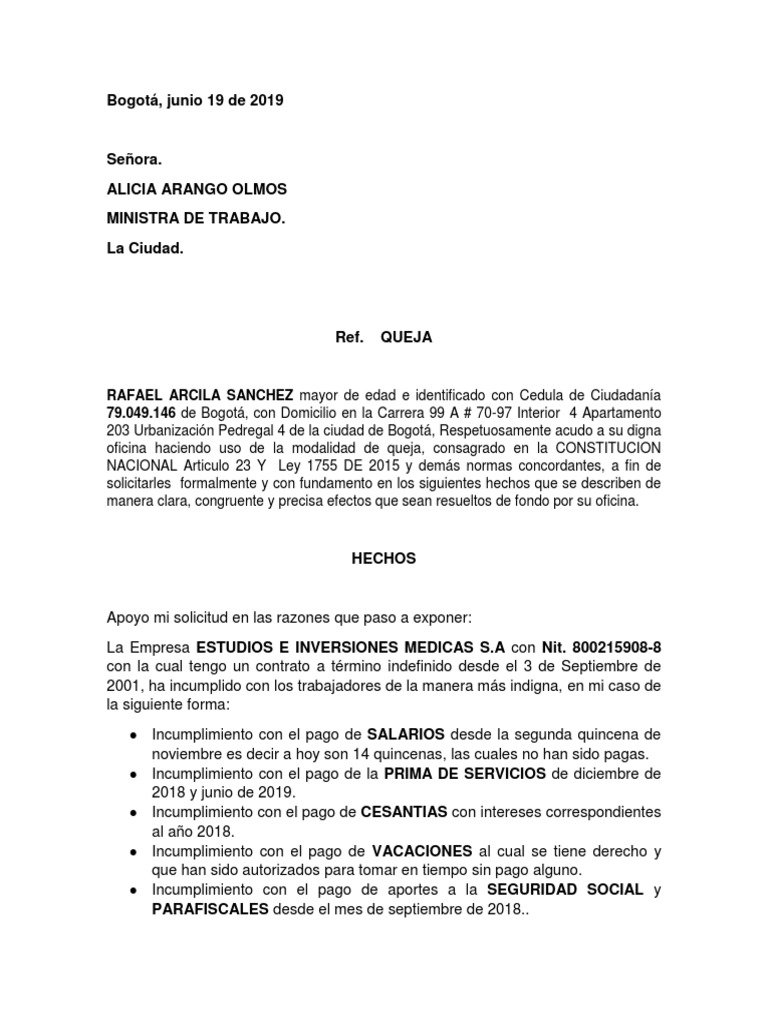 Queja Al Ministerio de Trabajo | PDF | Bogotá | Justicia