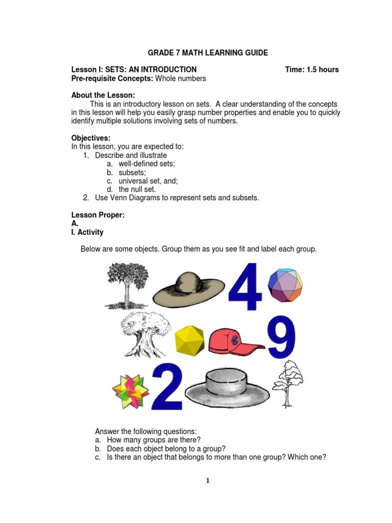 Grade 7 Math: Introduction to Sets | PDF | Set (Mathematics) | Subtraction