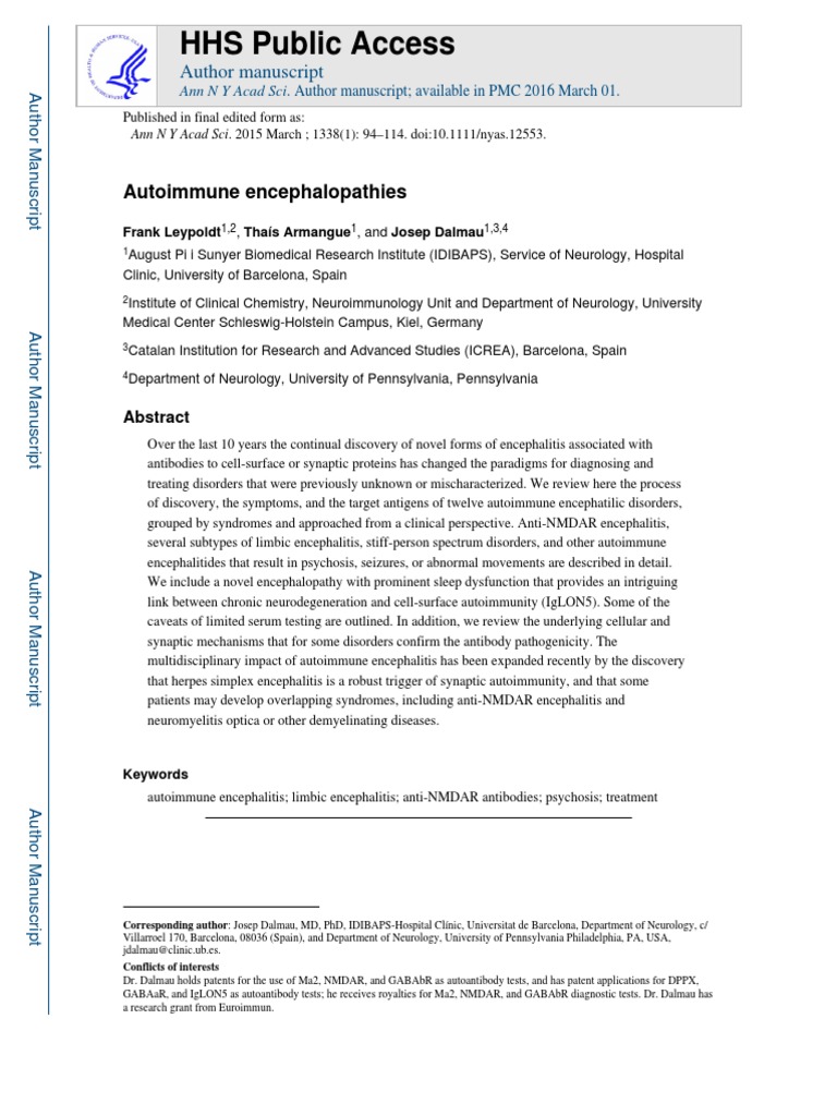 HHS Public Access: Autoimmune Encephalopathies | PDF | Epilepsy ...