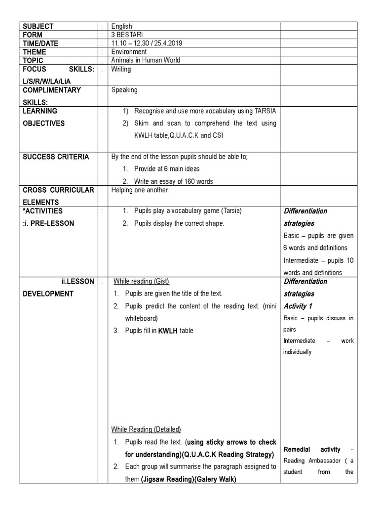 Reading Lesson Plan Form 3 Reading Comprehension Teaching