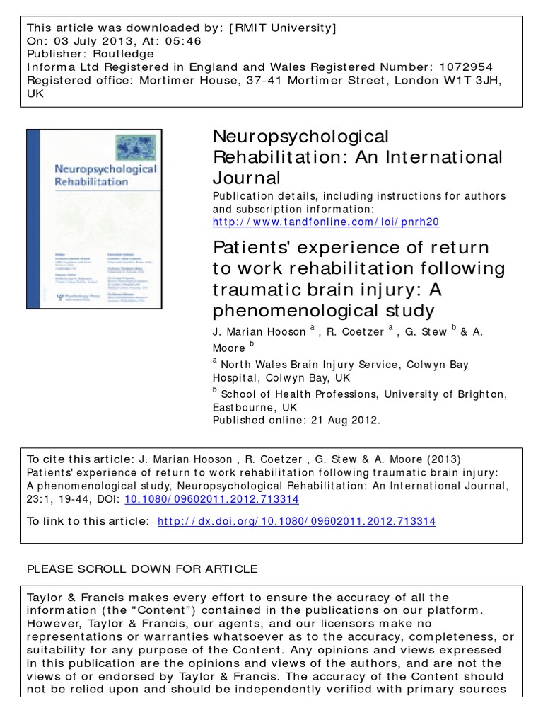Return To Work in TBI | PDF | Traumatic Brain Injury | Physical Therapy