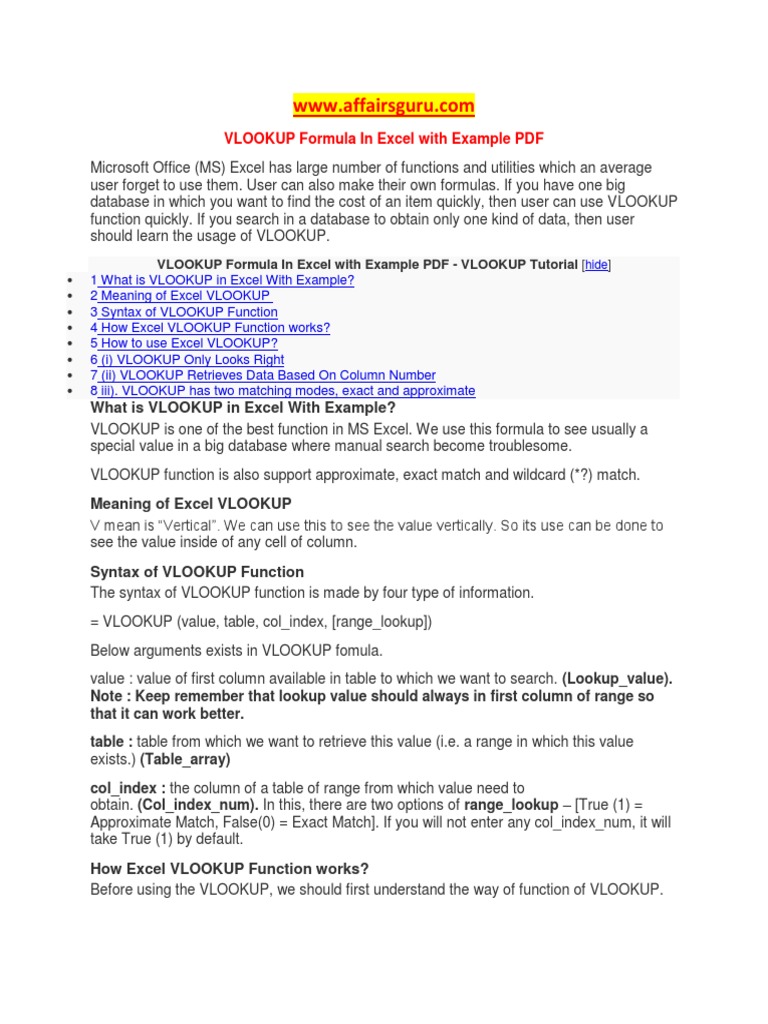 VLOOKUP Formula Guide with Examples | PDF | Microsoft Excel | Computer ...