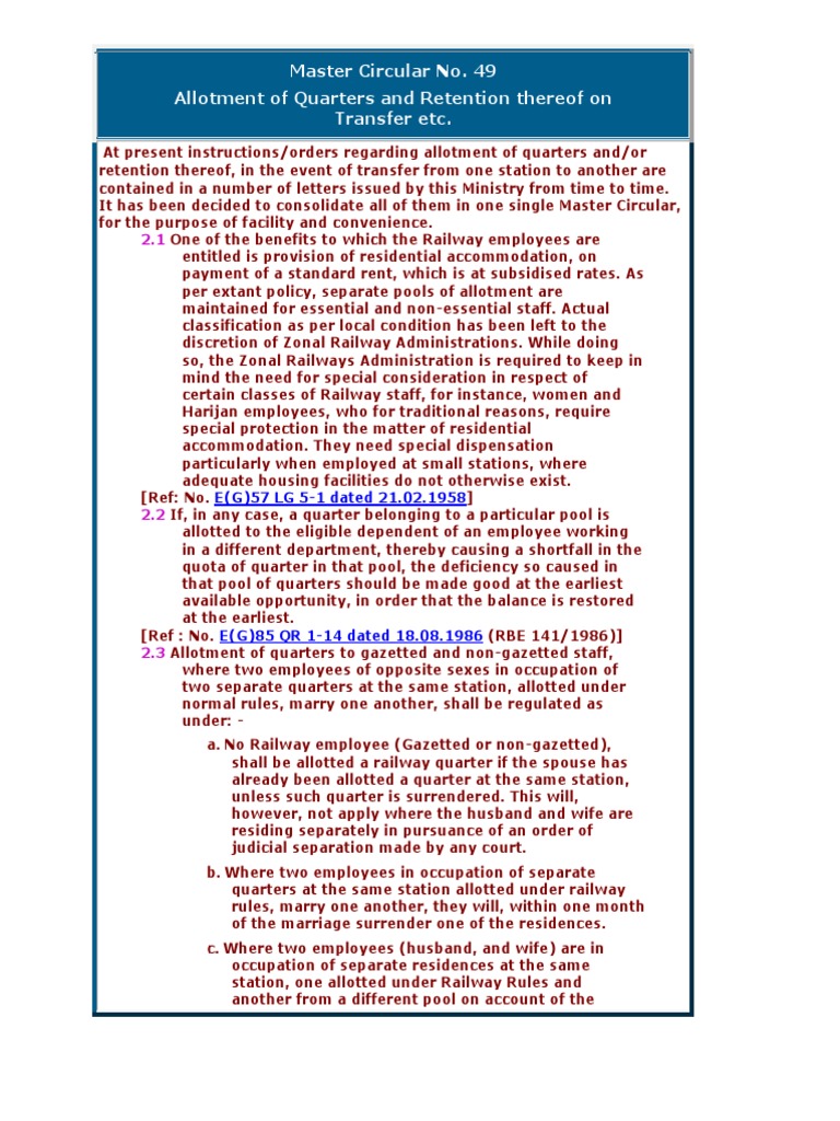 Master Circular 49: Railway Quarters Rules | PDF | License | Employment